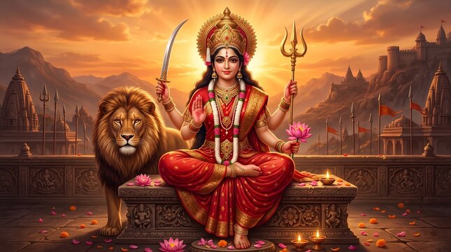 Goddess Durga sitting with lion holding trishul and golden sword on warm orange background