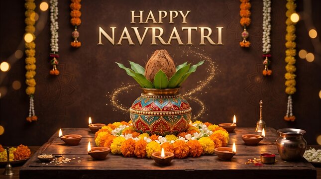 Happy navratri greeting with traditional kalash, coconut, marigold flowers, and glowing diya lamps on a dark background with festive bokeh lights