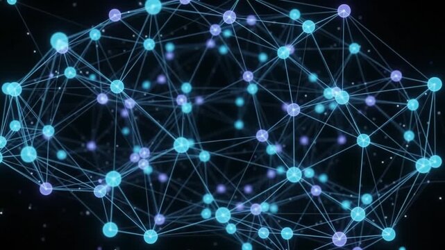 Glowing neural network brain with connected dots and data flowing through plexus artificial intelligence structure