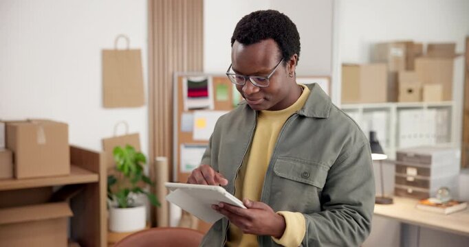 Typing, man or tablet in small business for shipping cost enquiry, fleet tracking or check invoice. Logistics, black person and happy with tech for shipment status, digital receipt and bill of lading