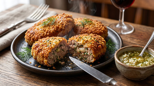 Hyper Realistic 9K Eye Level Macro Close Up Moldovan Parjoale Pork Meat Patties Food Photography
