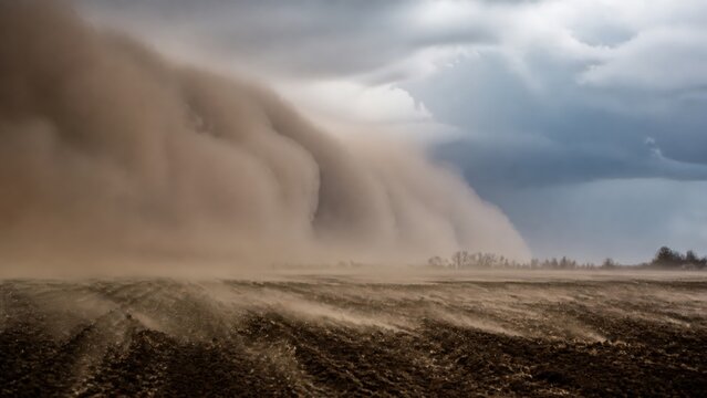 Advancing dust storm eroding dry farmland