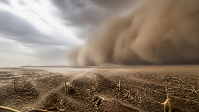 Low angle view of Advancing dust storm eroding dry farmland