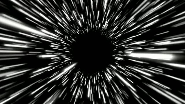 Glowing white light streaks zooming outward in hyperspace warp speed