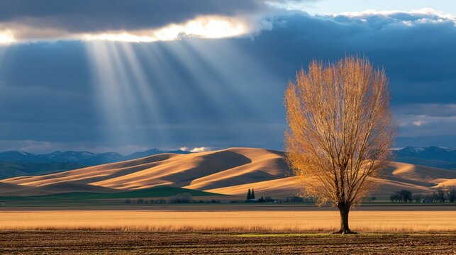 Golden light beams through clouds illuminating rolling hills and a lone tree.