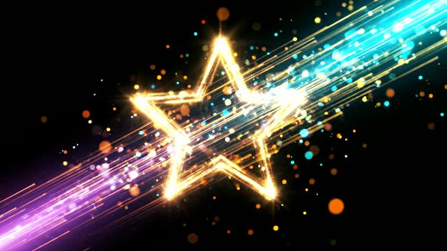 Glowing gold star shape with colorful light streaks and bokeh particle