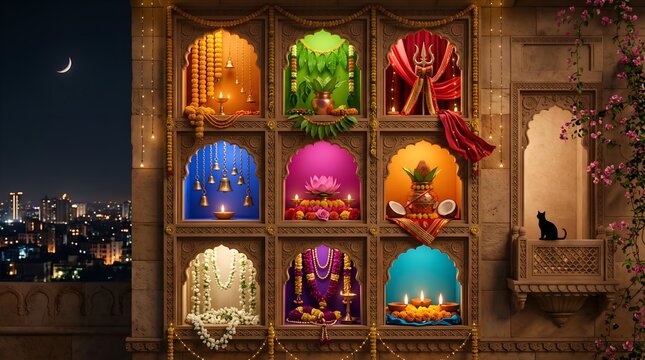 Navaratri festival greeting with lit lamps in building arched