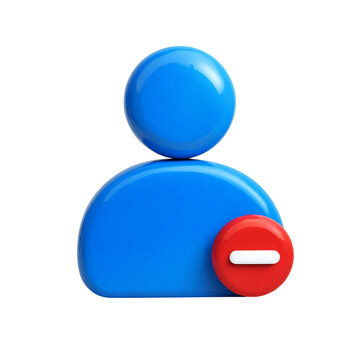 3D render of a glossy blue user profile icon with a red remove or delete button symbol transparent background