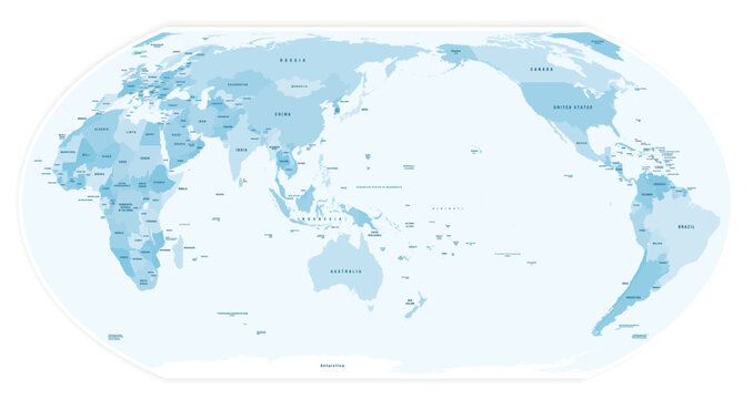 Map of World in new Equal Earth projection. High-quality political map. Editable vector illustration with layers and country names. Oceania centered map. Blue colored design.