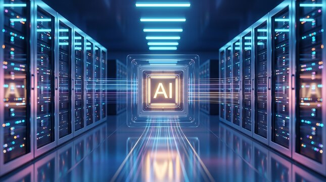 Glowing artificial intelligence chip hovering in middle of futuristic data center server room with high speed network connectivity lines streaming through server racks on both sides