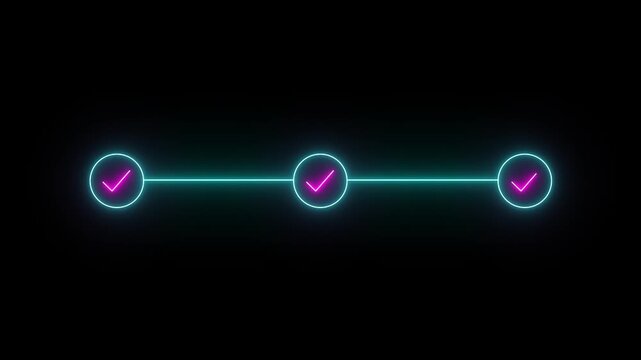 Glowing neon cyan three step progress bar and timeline animation with checkmarks black background, three step timeline, task completion motion graphics animation..