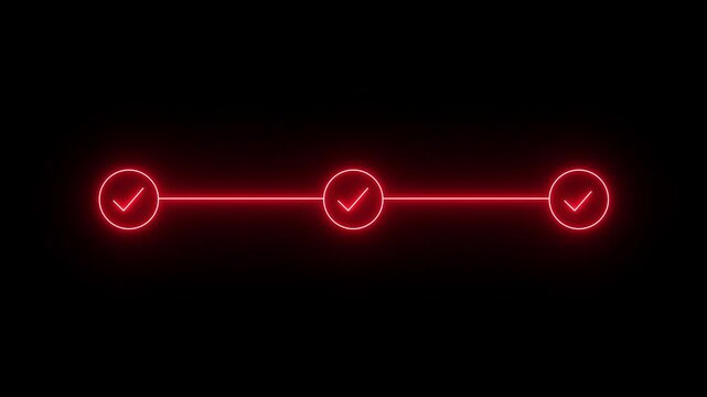 Glowing neon red three step progress bar and timeline animation with checkmarks black background, three step timeline, task completion motion graphics animation..