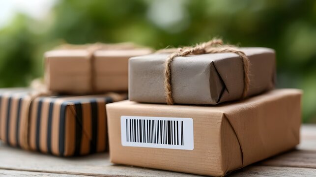Stacked brown paper parcels tied with twine and featuring a barcode label  arranged on a wooden surface with blurred green background