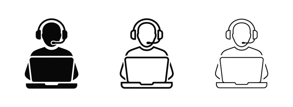 Three variations of a customer support agent icon featuring a person wearing a headset and working on a laptop computer