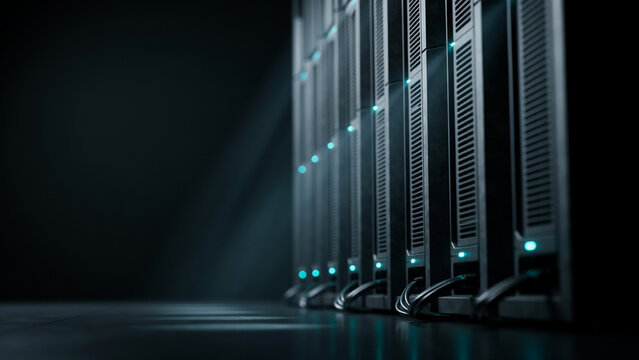 A row of dark server racks in a data center with glowing blue lights and cables on a dark reflective floor surface