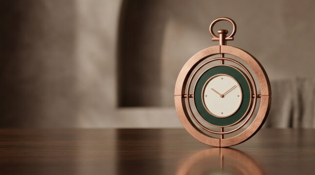 Minimalist copper pocket watch with emerald green inner circle resting on dark wooden desk surface.