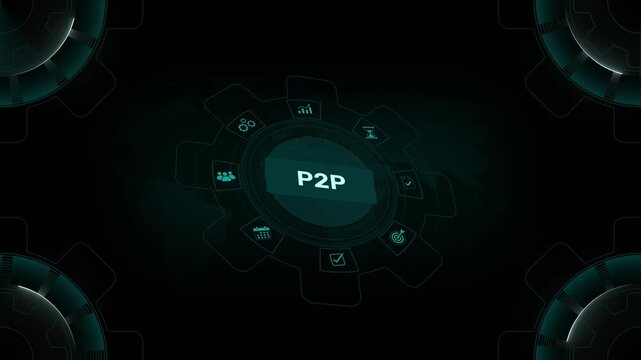 P2P peer to peer network technology concept with on digital gear HUD interface background loop