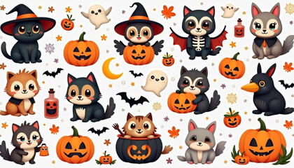 Obraz premium Set of Cute and Spooky Halloween Animal Characters Vector Illustration