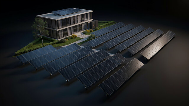 Miniature model of a modern house with solar panels installed in the yard against a dark background, for green energy
