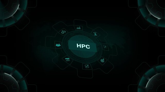 High Performance Computing HPC technology abstract background with glowing neon icons representing business, on digital gear HUD interface background loop