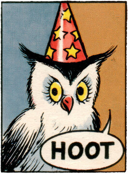 Vintage Halloween Owl Wearing Witch Hat and Party Hat Torn Paper Noise Texture