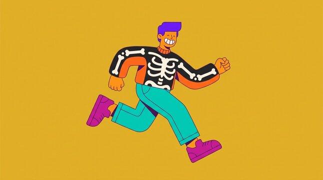 Stylized flat vector illustration of a happy young man running while wearing a funny skeleton sweater on a golden background