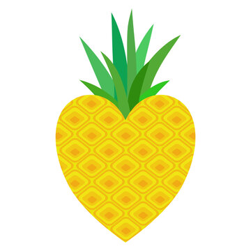 A charming heart-shaped tropical yellow pineapple illustration with green leaves isolated on a transparent background for summer love and food designs.