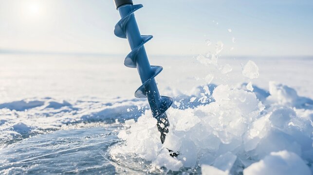 Blue ice auger drilling a hole into thick frozen lake ice, creating an explosion of fresh ice shavings in bright winter conditions