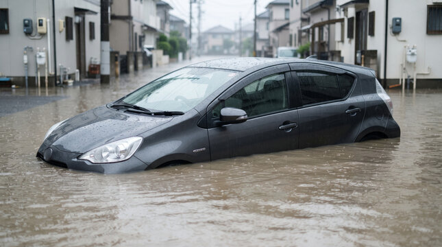 豪雨により住宅街で冠水した乗用車と水害被害の現場 放置自動車