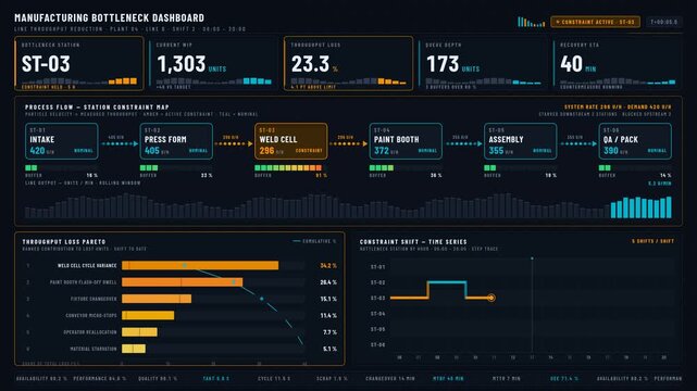 Explore a dark-industrial manufacturing bottleneck dashboard showcasing line throughput reduction with animated process flow diagrams and key performance indicators.