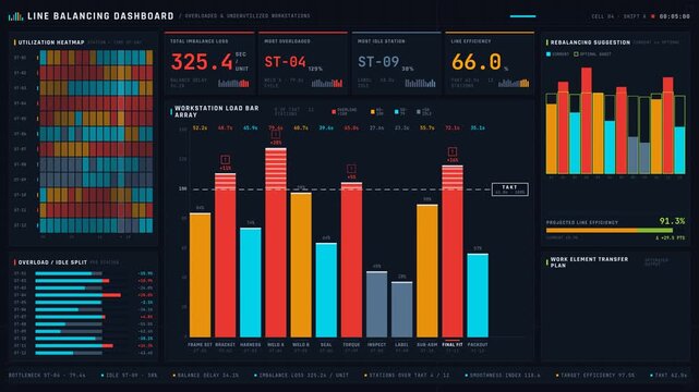 A detailed line balancing dashboard visualizing overloaded and underutilized workstations with a heatmap, metrics, and rebalancing suggestions on a dark charcoal background.