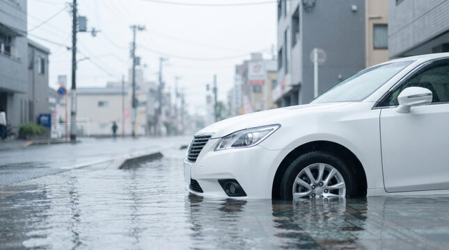 豪雨災害により冠水した道路に浸水する自動車と街並み