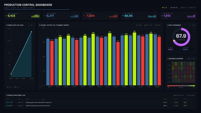 Production control dashboard showcasing hourly output versus planned targets with vivid charts and neon KPI indicators in a sleek war-room aesthetic. for commercial creative technology and business.