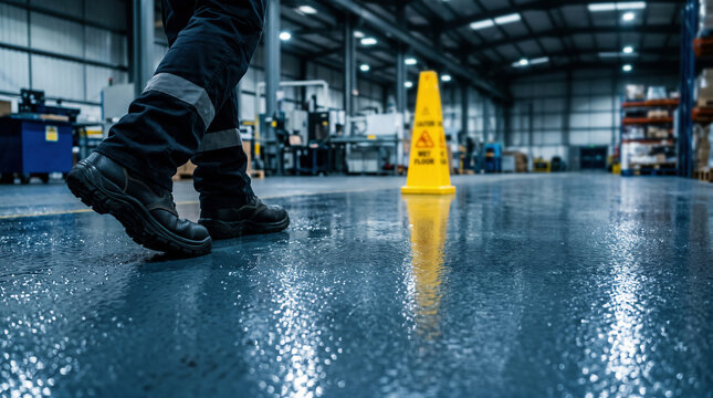 Worker's feet on wet factory floor with caution sign, industrial safety and occupational hazard awareness.