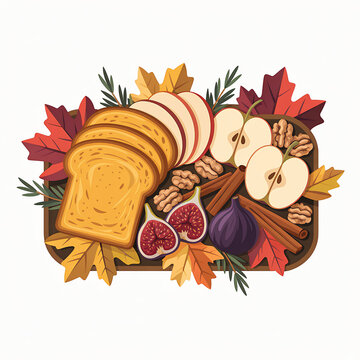 Autumn Harvest Food Basket with Fresh Bread Apples Nuts and Figs