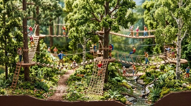 森の木々を渡る空中アスレチックと冒険する人々