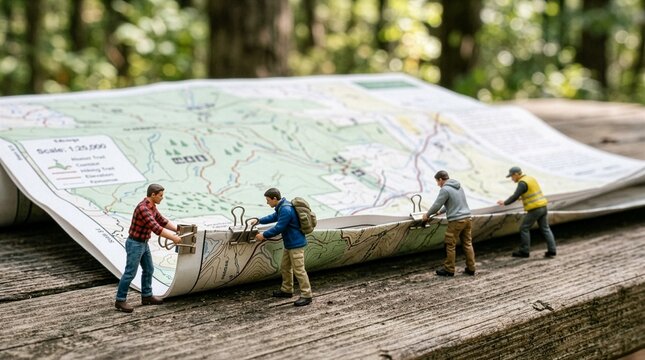 巨大なハイキング地図を折りたたむミニチュア作業員