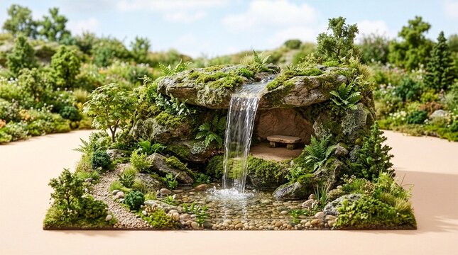 滝とベンチのある苔むしたミニチュア庭園