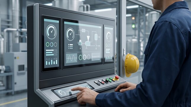 Skilled operator standing at modern industrial control console with large digital diagnostic screens managing factory production line and system performance metrics in workshop