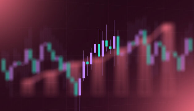 Abstract financial trading chart with purple and green candlestick patterns and market indicators showing cryptocurrency price fluctuations and stock market trends