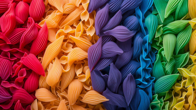 Bowls filled with a variety of pasta shapes in bright colors are displayed at a market. The vibrant hues create an eye-catching centerpiece, perfect for food enthusiasts.