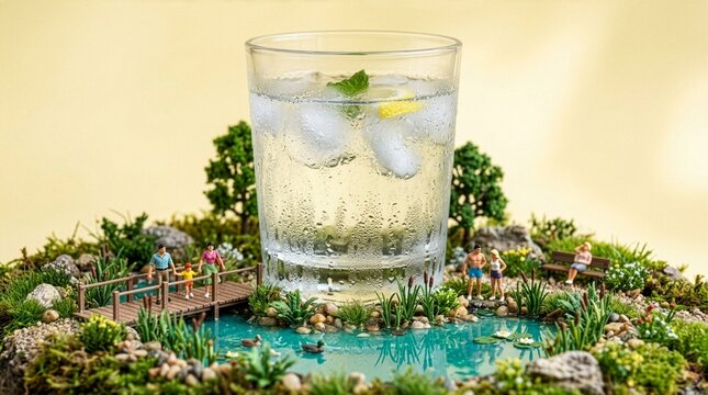 ミニチュア公園に現れた巨大な氷水グラス