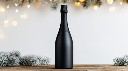 Obraz premium Elegant matte black champagne bottle presenting a blank label for branding. Celebrating winter holidays and New Year