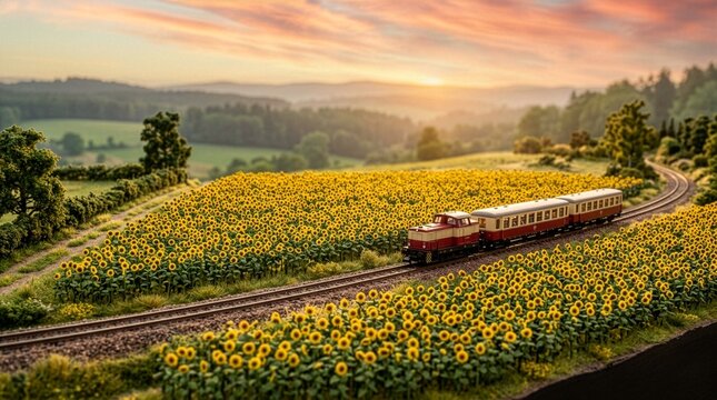 夕焼けのひまわり畑を走る列車