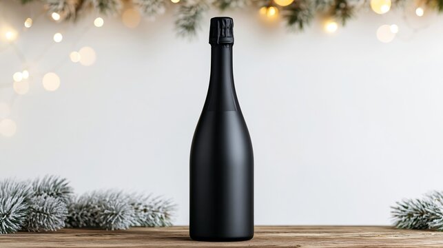Elegant matte black champagne bottle presenting a blank label for branding. Celebrating winter holidays and New Year