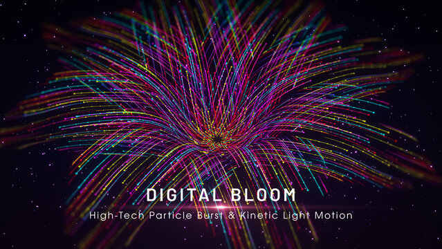 Abstract background with title text Digital Bloom featuring 3D curved glowing particle lines and colorful dotted light trails forming a flower shape in deep space.