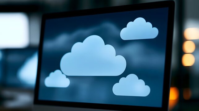 A computer monitor displays stylized cloud icons against a dark blue background  suggesting cloud computing or digital storage services
