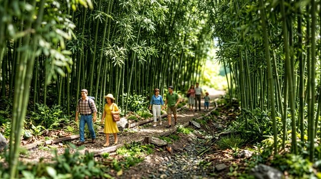 緑豊かな竹林の小道を歩く人々