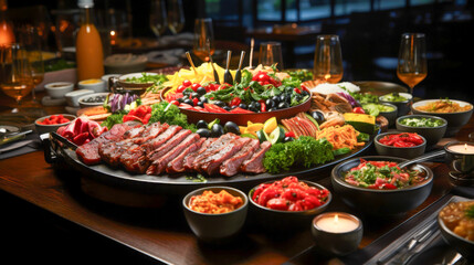Obraz premium A beautifully arranged platter features a variety of colorful vegetables, tender meats, and decorative garnishes set against a serene dining environment suitable for gatherings.