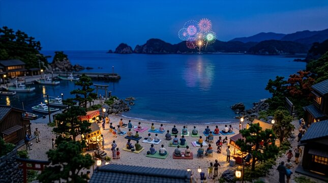 海辺で花火を楽しむ日本の夏祭り